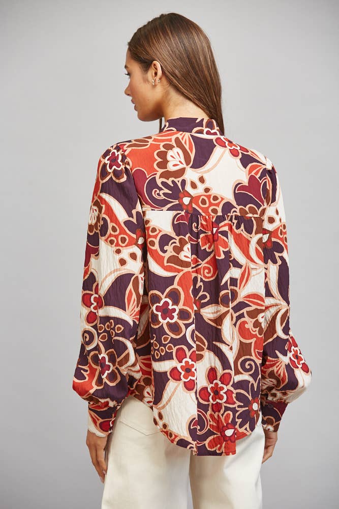 LARGE SCALE ABSTRACT FLORAL PRINT STAN-UP COLLAR BUTTON DOWN