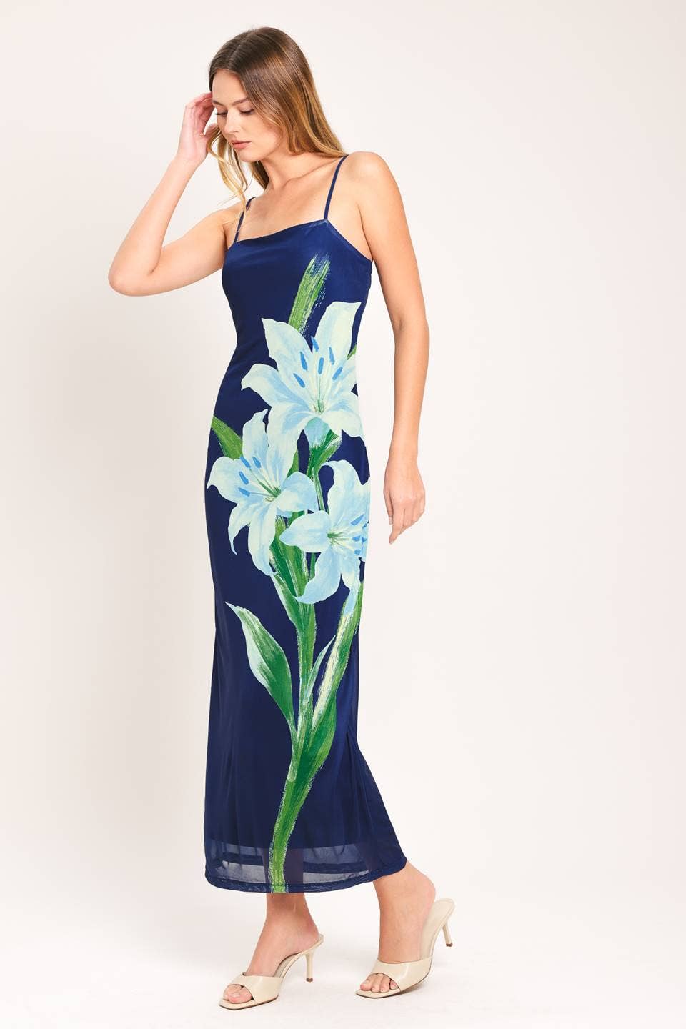 A printed power mesh midi dress