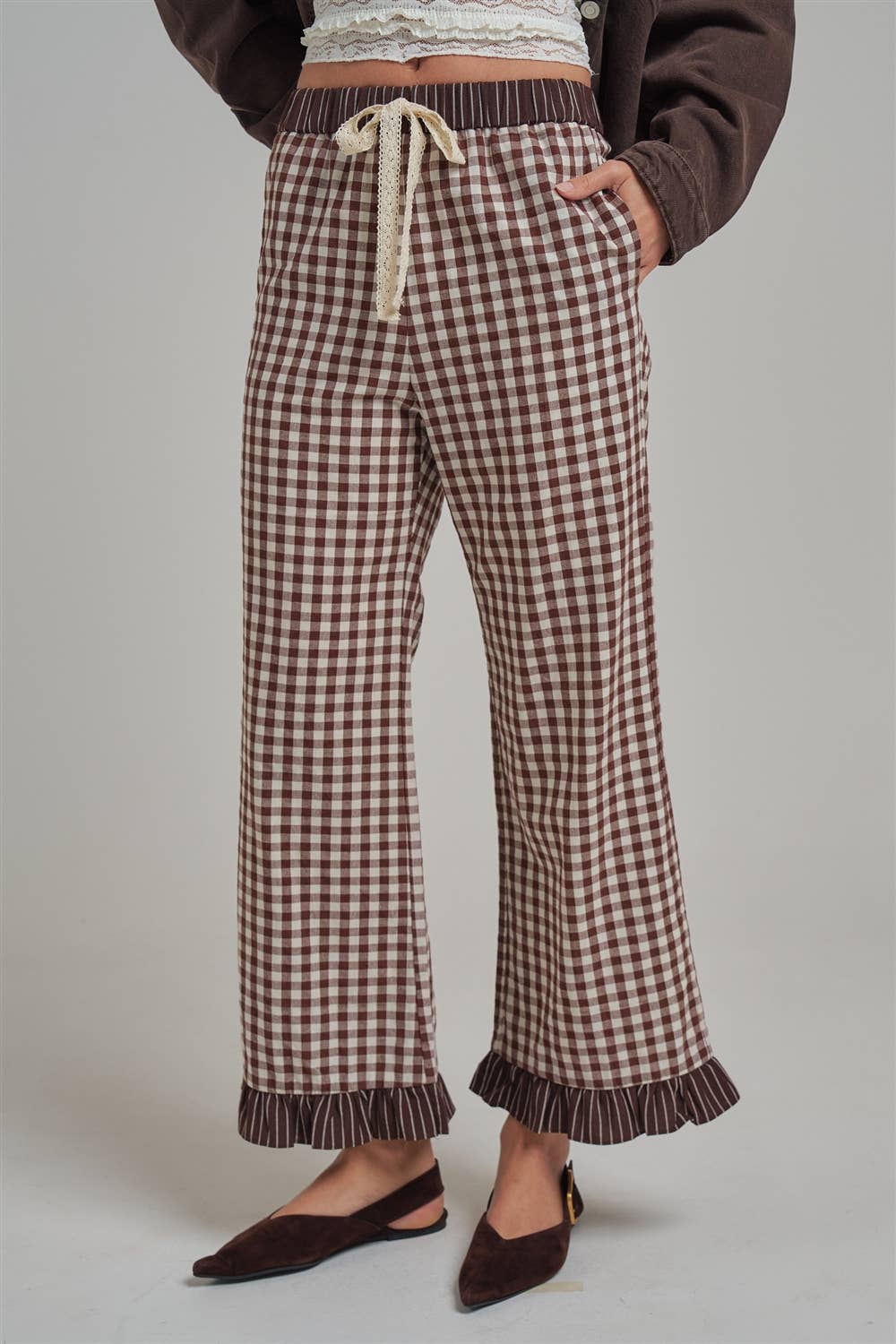 GINGHAM CHECK ELASTIC WAIST PANTS