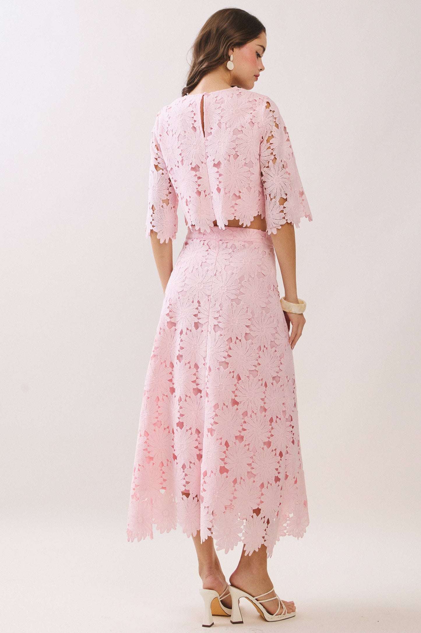 Floral Lace Scalloped Hem Fully Lined Midi Skirt