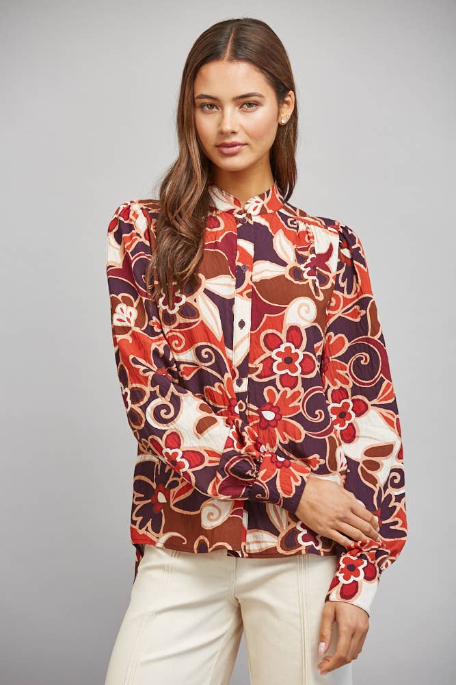 LARGE SCALE ABSTRACT FLORAL PRINT STAN-UP COLLAR BUTTON DOWN