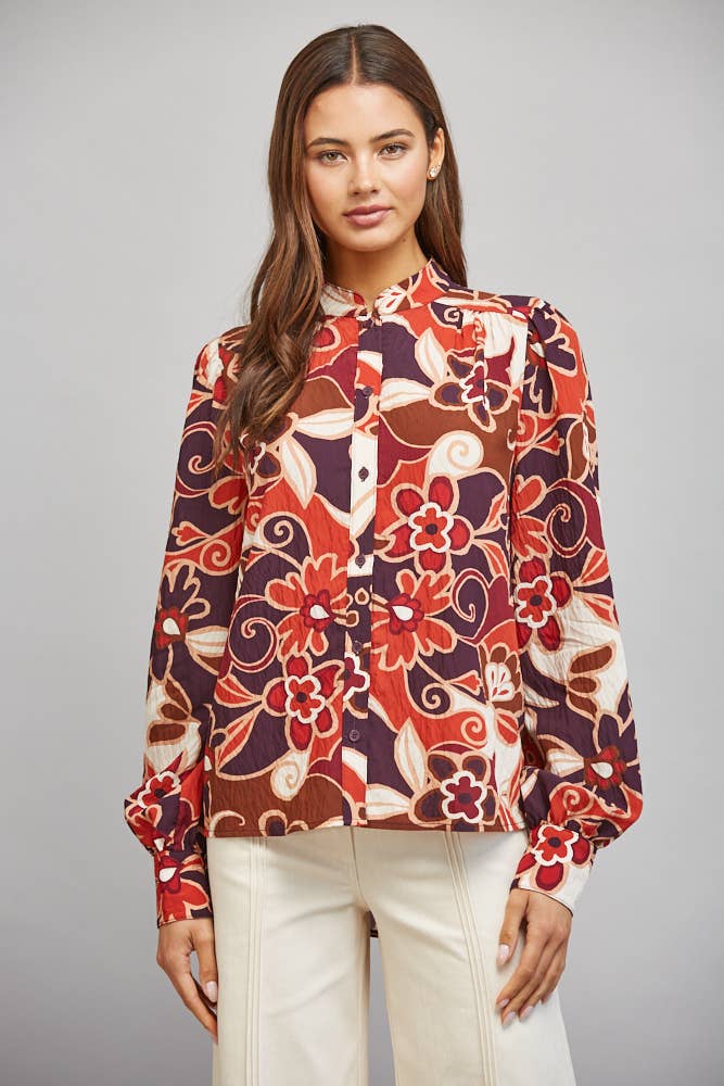 LARGE SCALE ABSTRACT FLORAL PRINT STAN-UP COLLAR BUTTON DOWN