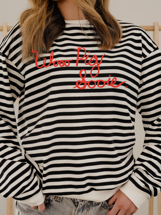 Wooo Pig Sooie Simple Script BK/WT Stripe Hi-Dive Sweatshirt
