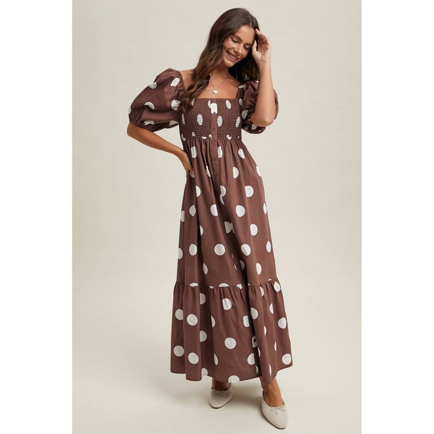 POLKA DOT PUFF SLEEVE MAXI DRESS