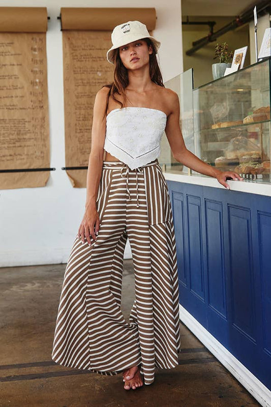Spaghetti Tie Waist Stripe Print Wide Pants