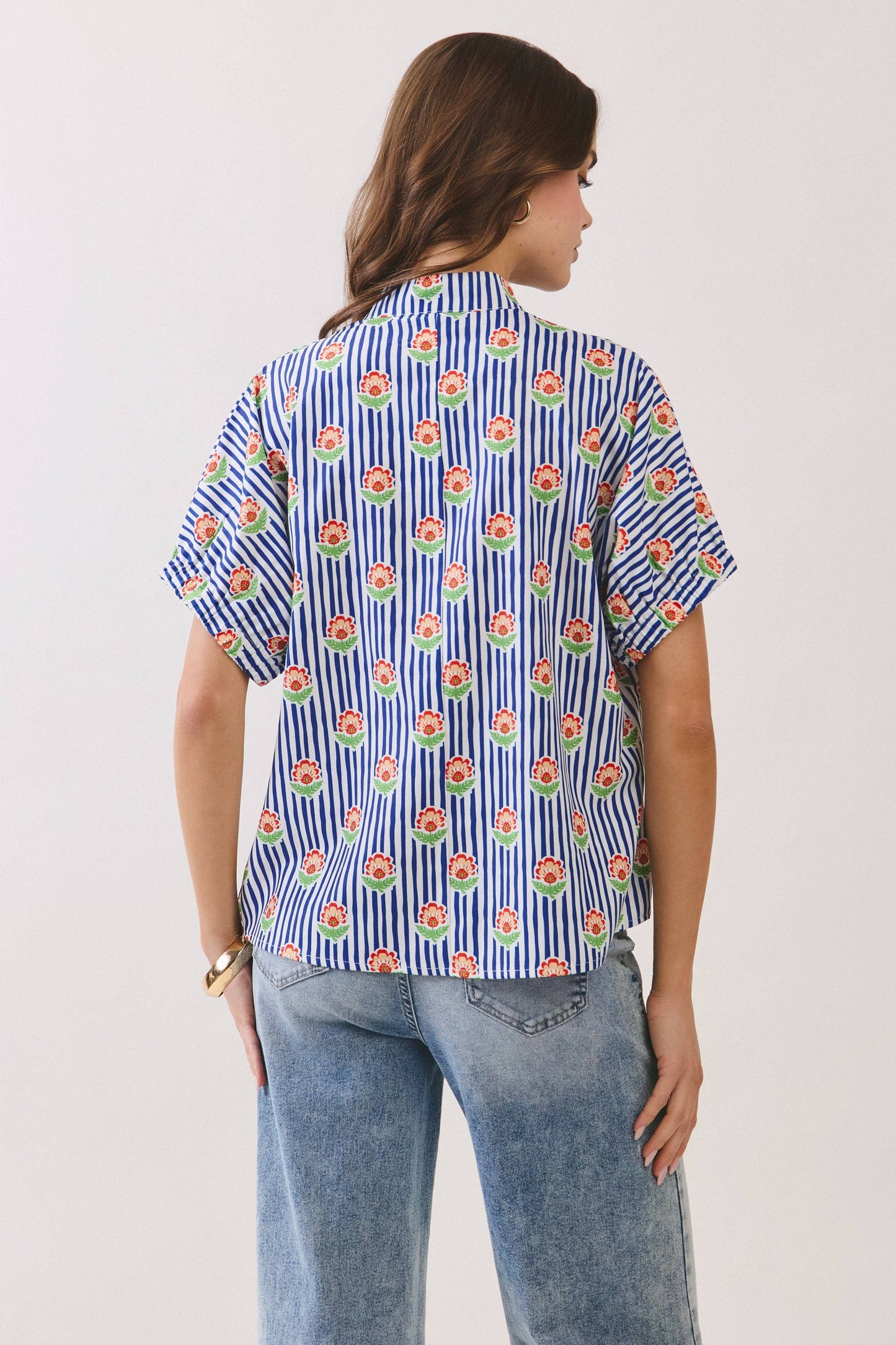 Floral Stripe Print Split Neck Blouse