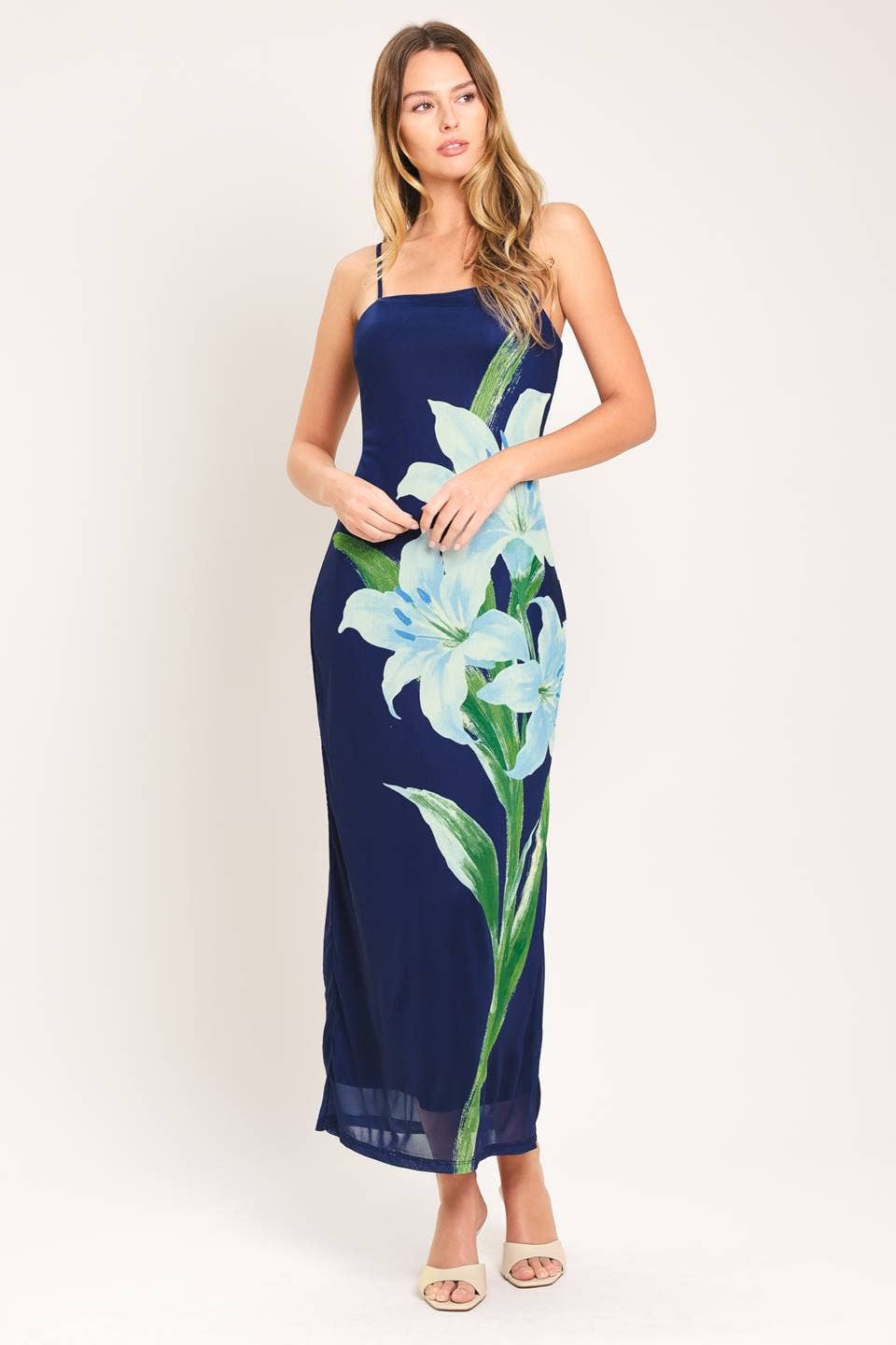 A printed power mesh midi dress