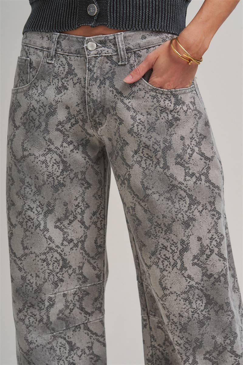 VINTAGE SNAKESKIN PRINT TWILL DENIM BARREL PANTS