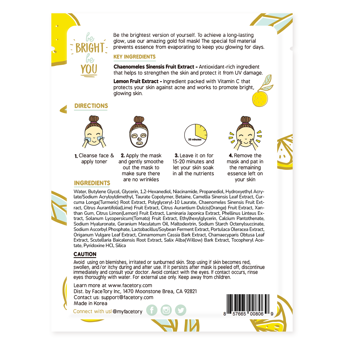 Face Mask - Korean Beauty - Gold Foil - Be Bright Be You