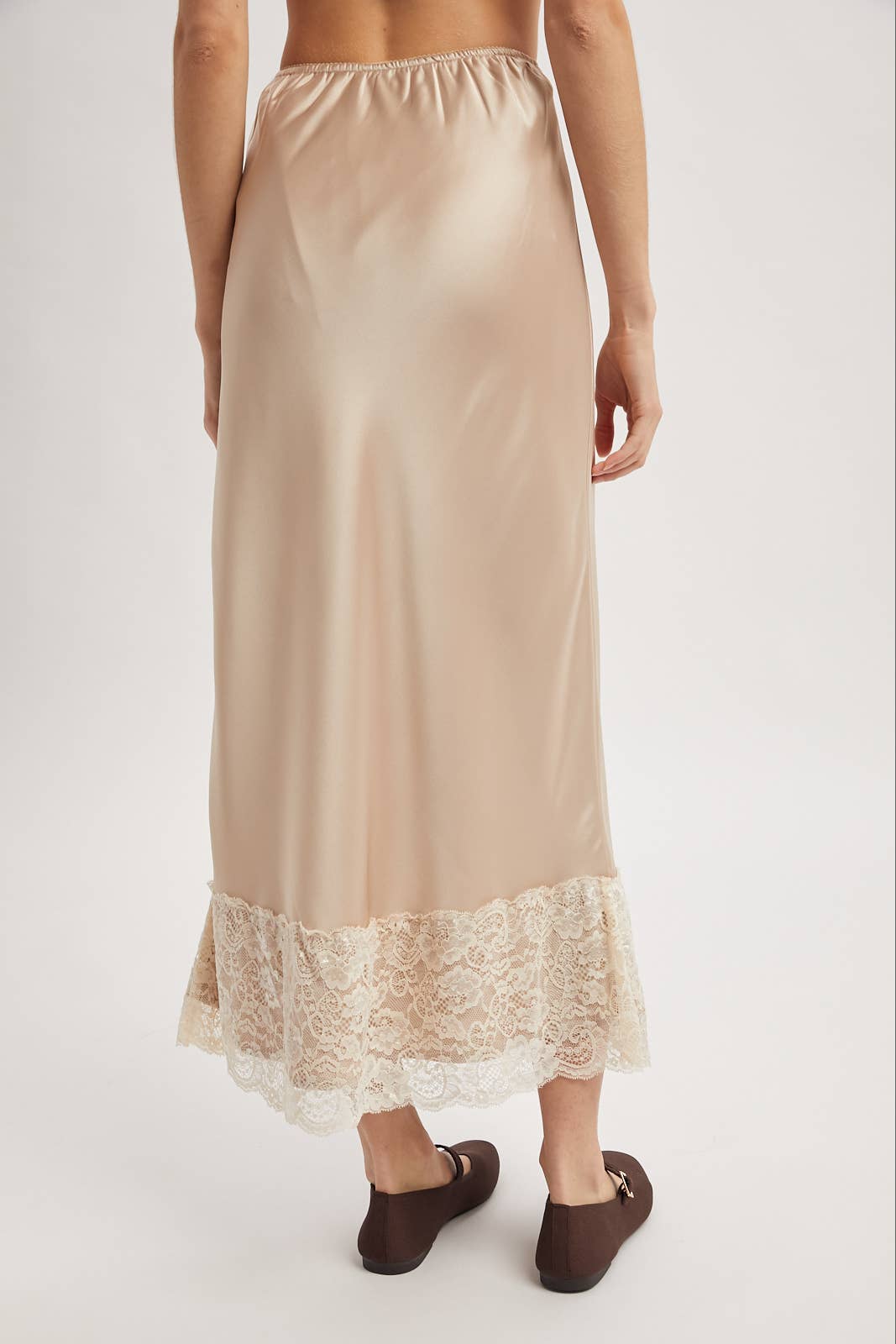 LACE TRIM SATIN MIDI SKIRT