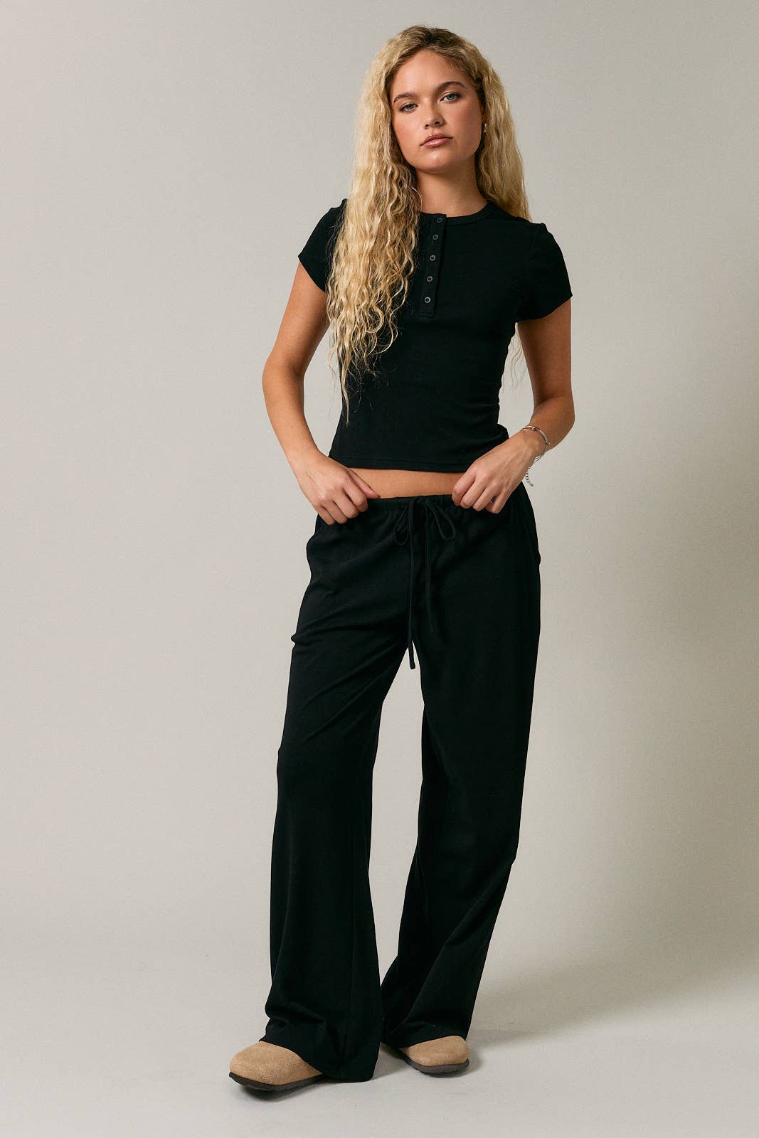 ELASTIC WAIST DRAWSTRING WIDE LEG PANTS