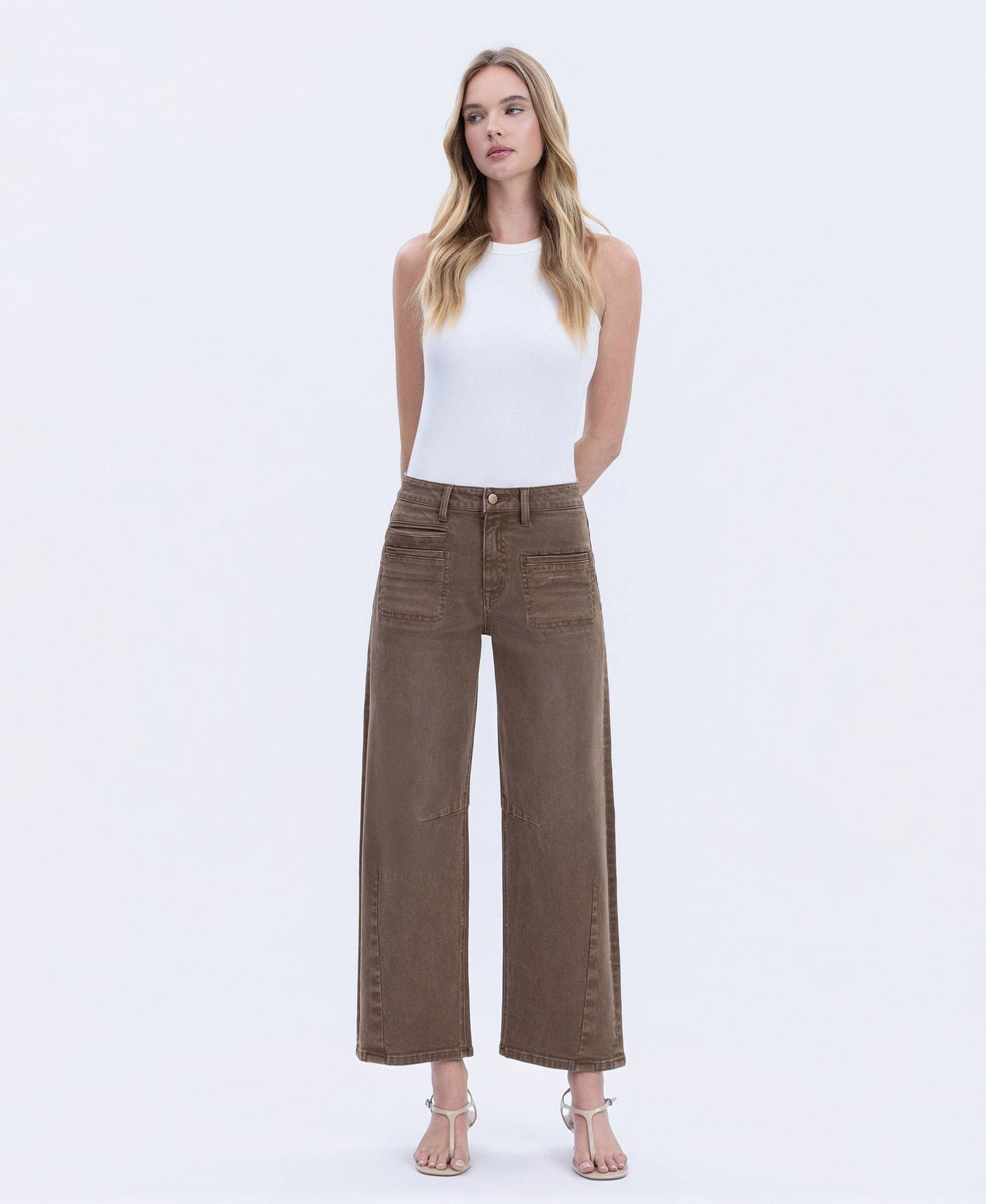 HIGH RISE FRONT WELT POCKET DETAIL BARREL JEANS