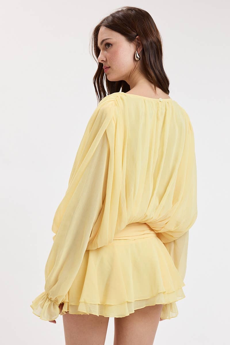 CRINKLE CHIFFON SHOULDER PAD RUFFLE MINI DRESS
