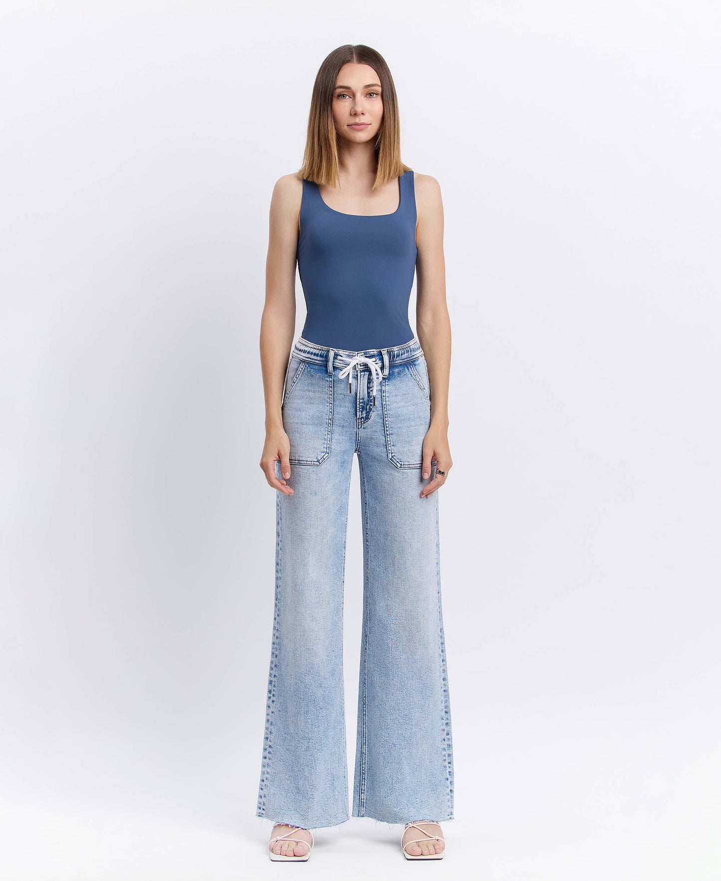 HIGH RISE DRAWSTRING WAISTBAND WIDE LEG JEANS