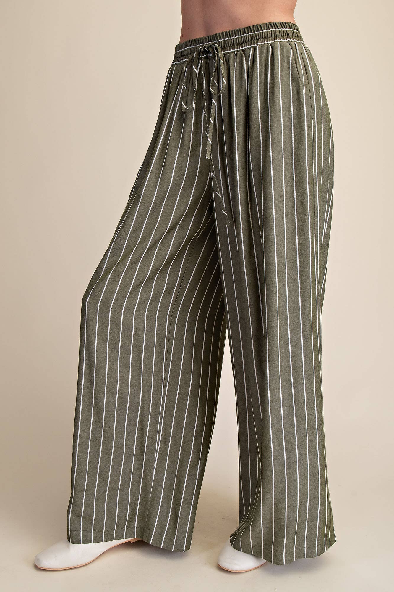 High Waist Elastic Band Stripe Wide Pants