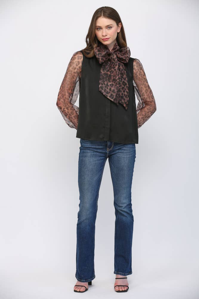 MIXED MEDIA SELF TIE NECKLINE DETAIL BLOUSE