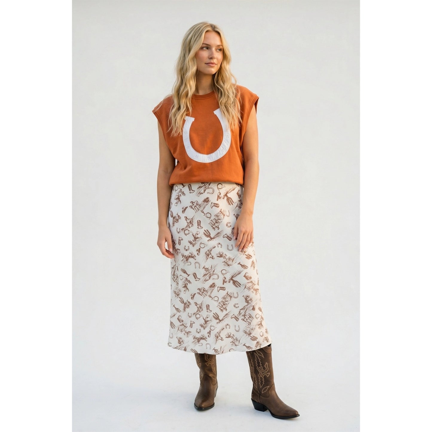 Western Print Satin Midi Skirt