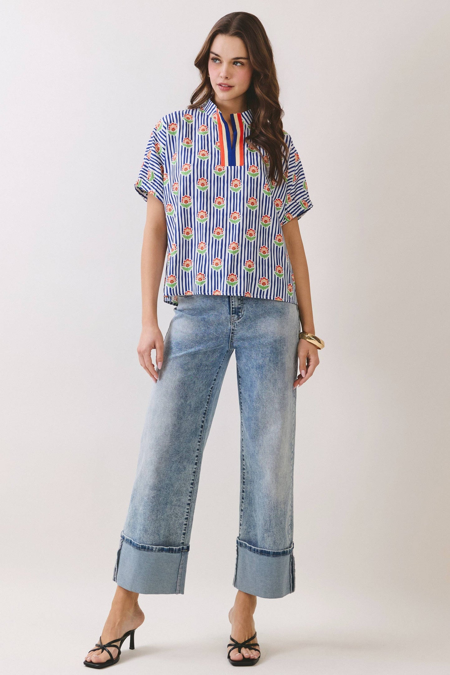 Floral Stripe Print Split Neck Blouse