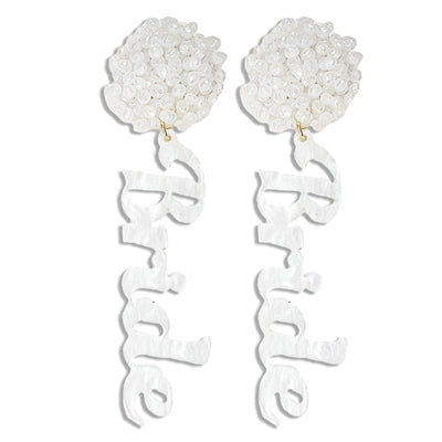 White acrylic Bride PomPom 2” earring