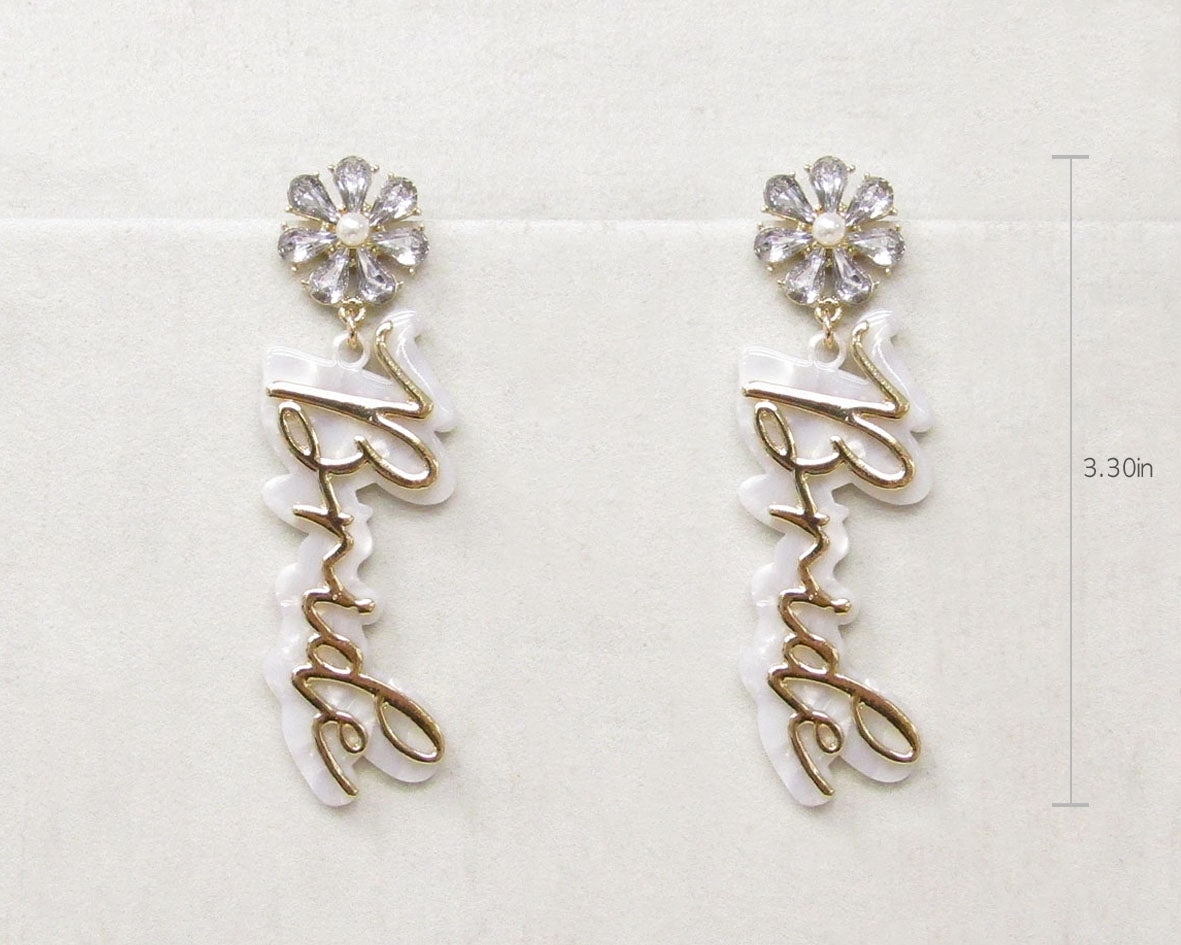 White acrylic and gold bride 2” earring