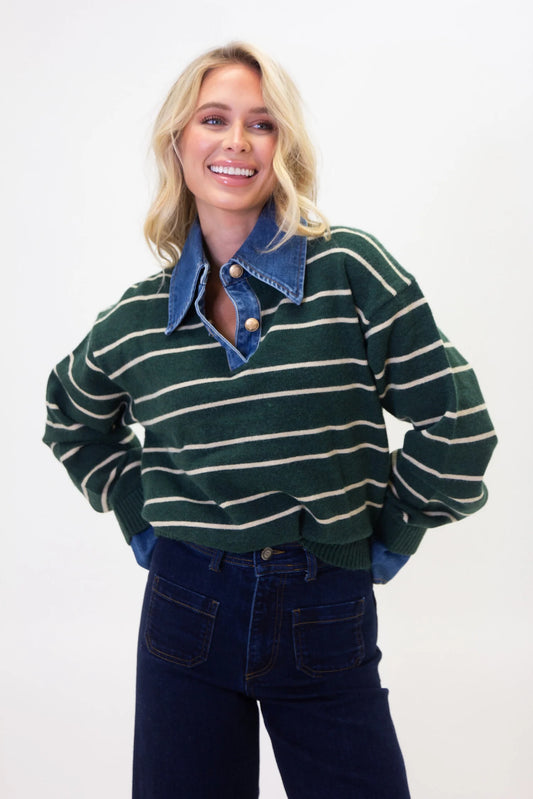 Stripe varsity denim collar sweater