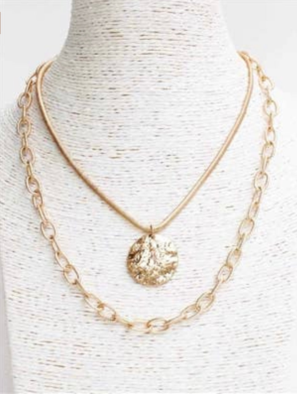 Hammered Gold 1" Circle with Layered Chain 16-18" Necklace