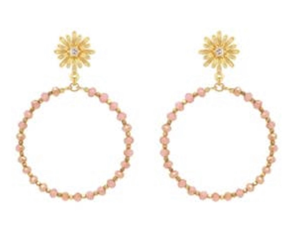 Gold Flower with Pink Crystal Circle 2" Earrings